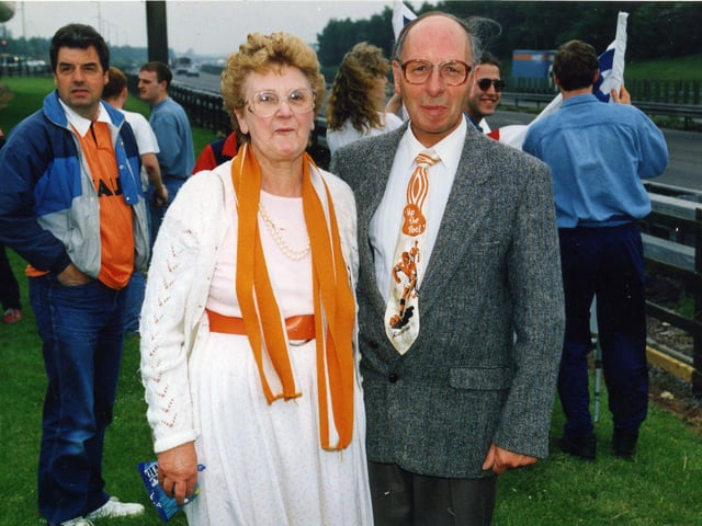 Dennis Griffiths and his wife Enid Griffiths on their way to Wembley for the Blackpool v Torquay match in June 1991. Mr Griffiths is sporting a 38 year old tie given to Sir Stanley Matthews at the 1953 FA cup final. The tie was given to Mrs Giffiths by Stanley Matthew's brother.
