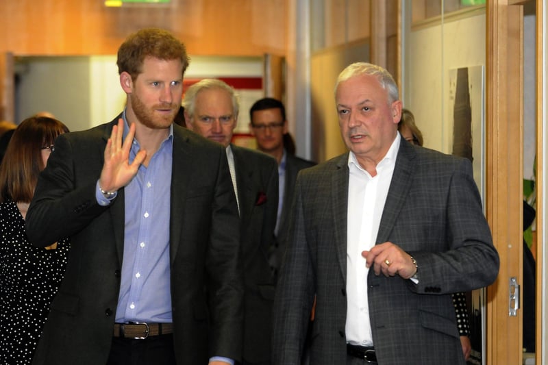 Prince Harry visits Veterans UK at Norcross.  He is pictured with Jon Parkin, head of Veterans UK.