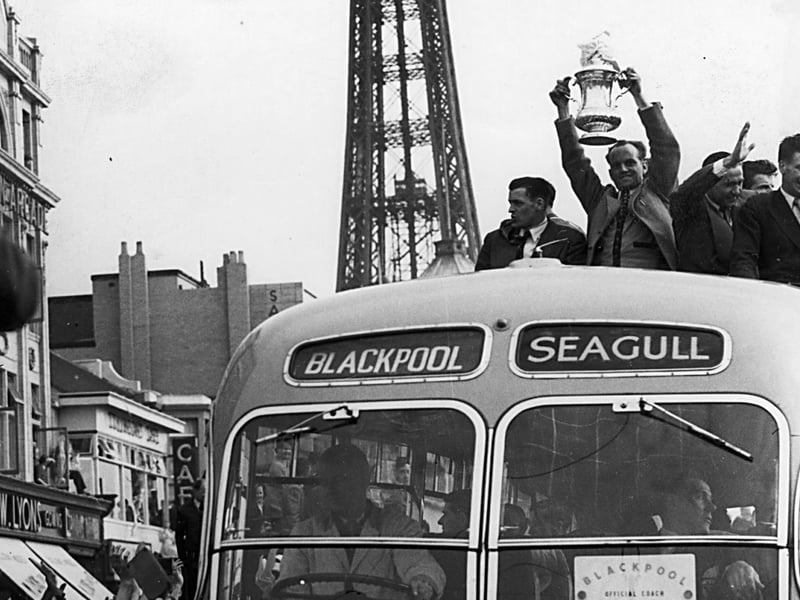 FA Cup Final between Blackpool and Bolton - the triumphant team parade along Blackpool Promenade in an open top Seagull coach