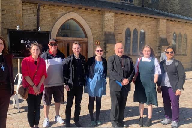 Archbishop Stephen, third right, with Bishop of Lancaster Jill Duff, Rev. Andy Dykes, centre left, and some Blackpool church-goers in St John's Square on Saturday