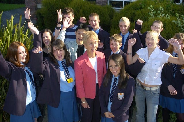 Head of Collegiate High School Gill Fennell celebrates with pupils and former pupils at the outstanding GCSE exam results in 2005
