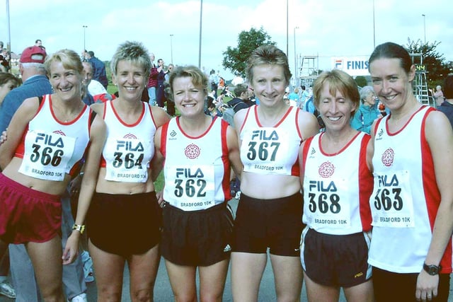 Lancashire womens team before the start of the race in Bradford. Pictured (from left to right): Caroline Betmead (North Fylde AC), Andrea Smith (North Fylde AC), Sue Samme (Lytham St Annes Road Runners), Anne Sweeney (North Fylde AC), Maureen Laney (Clayton-le-Moors Harriers), and Gail Ellershaw (Blackpool & Fylde AC)
