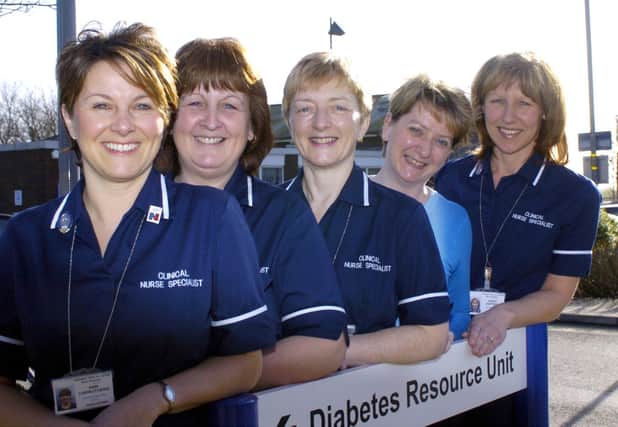 Diabetes team at Blackpool Victoria Hospital in 2005.  L-R Diabetes Specialist nurses Ann Carruthers and Christine Gornall, Specialist Sister Janet Bellis, Liasion Secretary Tracey Webster and Senior Diabetes Specialist Nurse Erica Duffield.