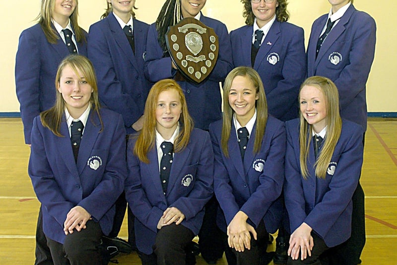 Carr Hill School netball team- Rachel Bennett, Emily Park, Verity Collins (Capt.), Stephanie Chatter and Lois Bunce. At the front, Jade Callaghan, Becky Warner, Lucie Marquis and Jessica Connors.