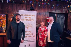 Photo of Chris Webb, Mayor Cllr Kath Benson and Stuart Hutton-Brown at a Christmas party held to raise funds for a new sensory room at the Counselling In The Community Waterloo Road hub.