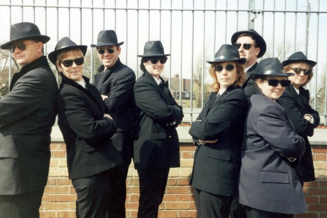 Staff dressed up as the Blues Brothers to raise money for charity - Geoff Jenkins, Lynne Kemp, Craig Jack, Sue McDonald, Pat Hesp, Dave Griffiths, Carol Butcher and Louise Morgan.