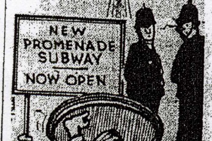 New Promenade Subway near Central Pier was opened and visitors were lingering underneath to listen to the trams going overhead. This was an August 1958 Gazette cartoon