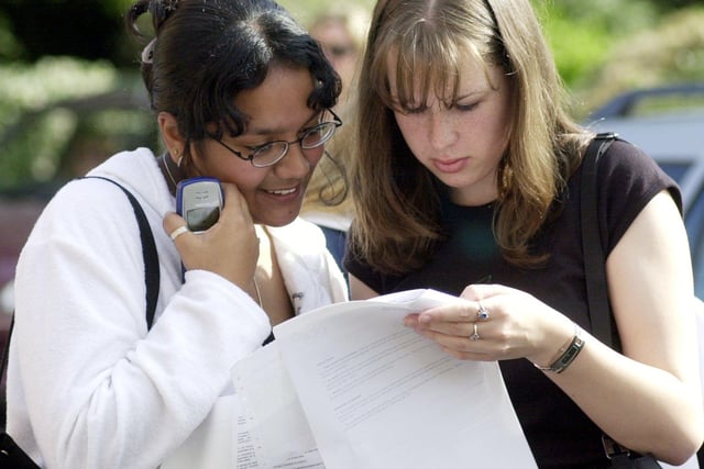 Rosie Ali and Sara Aston study their results in 2001 at Bispham High School