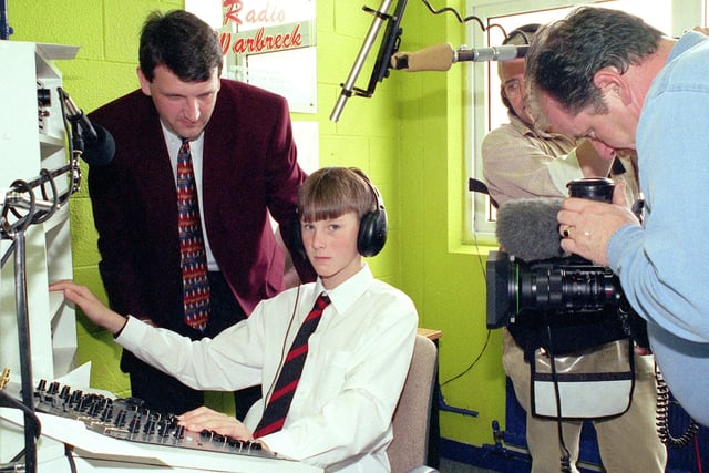Programme Controller  Ben Wolstenholme, who was 13, kept a cool head on air while being filmed by the BBC and photographed by The Gazette. It was launch of Radio Warbreck. Also pictured is BBC North West Tonight Education Correspondent Dave Guest, 1998