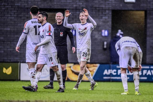 Danny Ormerod celebrates scoring his second goal in AFC Fylde's win over Maidenhead United Picture: Steve McLellan