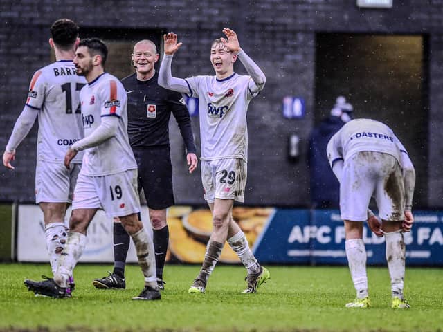 Danny Ormerod celebrates scoring his second goal in AFC Fylde's win over Maidenhead United Picture: Steve McLellan