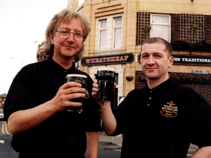 The Wheatsheaf won a new quality award as an ' Acclaimed Purveyor' of Theakston's legendary Old Peculier: Barry Eastwood, licensee (left) and Louis Veitch, bar manager, 1996
