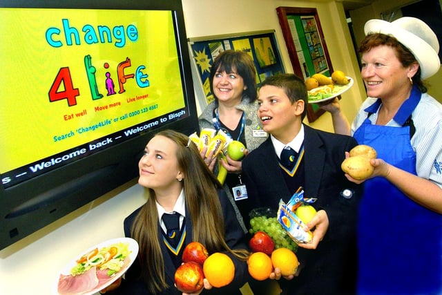 Watching the Change 4 Life programme on the Bispham High School TV system in 2009 are from left, Rio Hine (12),  Yvonne Monks (School Health Mentor-Blackpool NHS), Lee Richards-Smith (12) and Susan Doyle (Unit Catering Manager)
