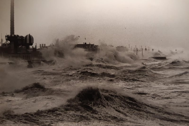 Against the backdrop of South Shore, the sea batters the coastline in November 1972