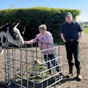 Gillian Morris and son Andrew with one of the donkeys taking a break from Blackpool Beach