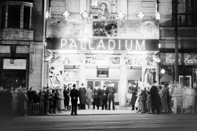 This was the glitzy opening of the movie 'Star of Gigi', starring Leslie Caron at Blackpool's Palladium Cinema in Waterloo Road. Stars of Blackpool summer shows were there and the photo shows crowds waiting outside for a glimpse of them