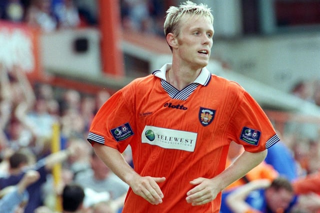 Brett Ormerod celebrates after scoring against Sheffield Wednesday in 1998. Ormerod is one of Blackpool's most celebrated players. He played for the home team from 1997–2001 and again from 2009–2012, making 212 appearances and scoring 65 goals