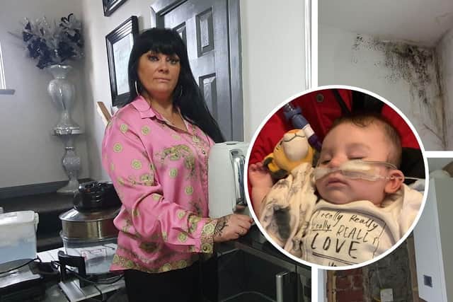 Michelle Bromley currently has a makeshift kitchen set-up on her landing, and says her grandson (inset) has been in hospital with an illness they suspect is linked to mold and damp.
