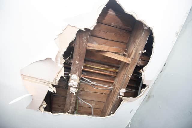 The damaged ceiling at Laura's home