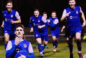 Squires Gate celebrate Olly Hesford's (front left) winner against Charnock Richard  Picture: IAN MOORE