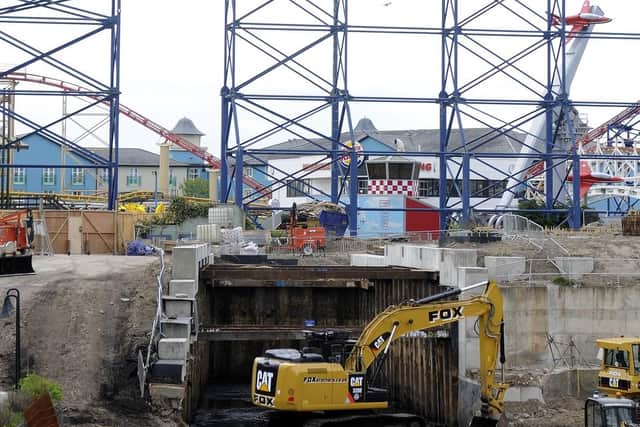 Work continues on the development of Icon, the new 16.25m ride at Blackpool Pleasure Beach - showing the tunnel through which the ride will launch towards the Big One