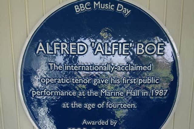 Alfie Boe's blue plaque in situ at Fleetwood's Marine Hall