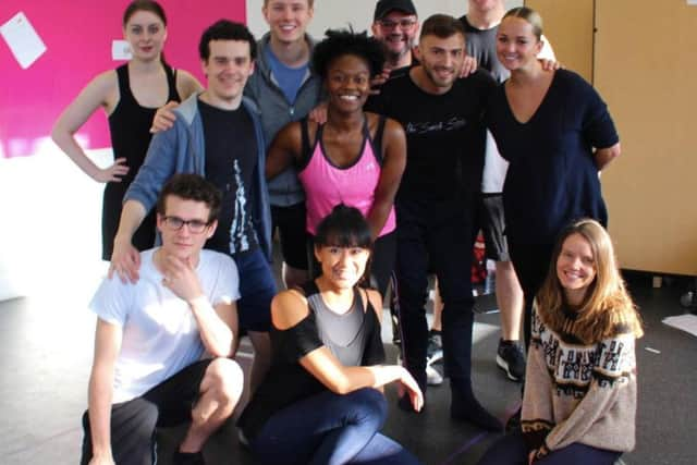 Cast members ,  front to back, left to right: Lori McLare as Liza, Elliot Clay as John, Scott Gallagher as Smee, Norton James as Starkey, Robbie Curran as Michael, Alexia McIntosh as Tiger Lily, Jake Quickenden as Pan, Jennifer Ellison as Hook,  Peter Bergin as Ensemble/1st Cover Peter Pan, Gracie Lai as Ensemble/Skylights, Grace Osborn as Wendy