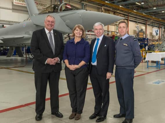 Minister Harriett Baldwin with Mark Menzies, Martin Taylor of BAE Systems and RAFs Ian Duiguid at BAE System's Warton site