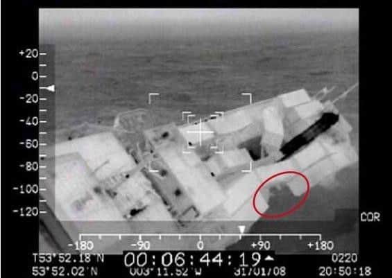 An RAF aerial  video still shows the sea breraking on the Riverdance deck