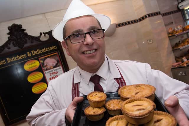 Carl Cardwell of Grimes of Cleveleys with the pies bound for the  Lancashire Pork Pie Appreciation Society Awards Night