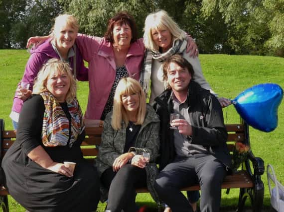 Gazette reporter Shelagh Parkinson,  Pat Bracewell, Alison Bott, Haidee Wilson,  Elizabeth and Iain Lynn celebrating the launch of the Mikes Bench in 
September 2017.