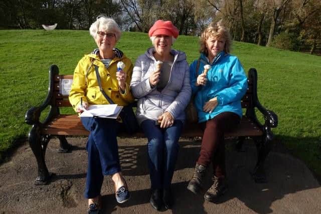 Julie Swifts picture is of ladies from Ansdell and Fairhaven WI enjoying a break on Mikes bench during a WI treasure hunt last October.