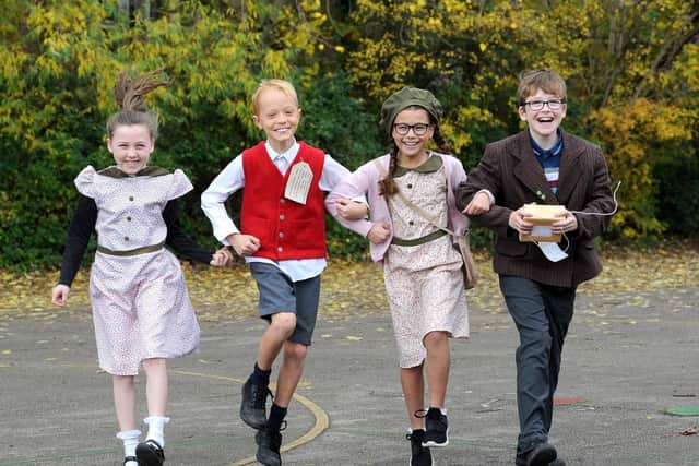 Year five pupils at Stanley Primary School  Holly Coppock, Billy Cook, Jessica Chantler and Alfie Oldham dressed up in war-time clothing