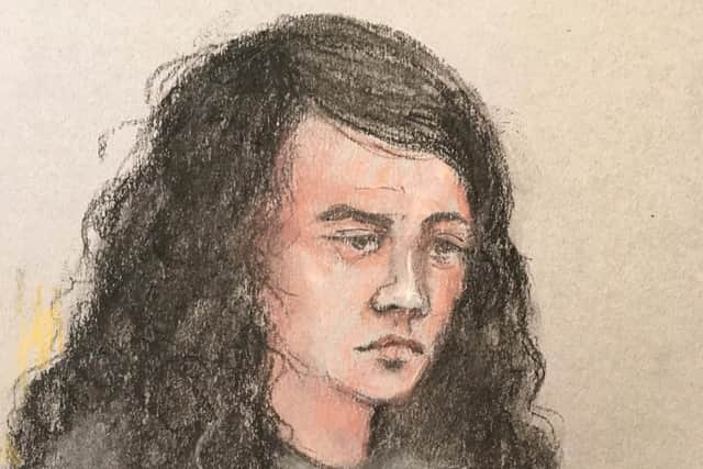 Court artist sketch by Elizabeth Cook of mother-of-one Chelsea Mitchell, 27, appearing at Staines Magistrates' Court, where she is charged with assisting an offender over allegedly helping her partner Darren Shane Pencille, who is charged with the murder of Lee Pomeroy on a London-bound train.
