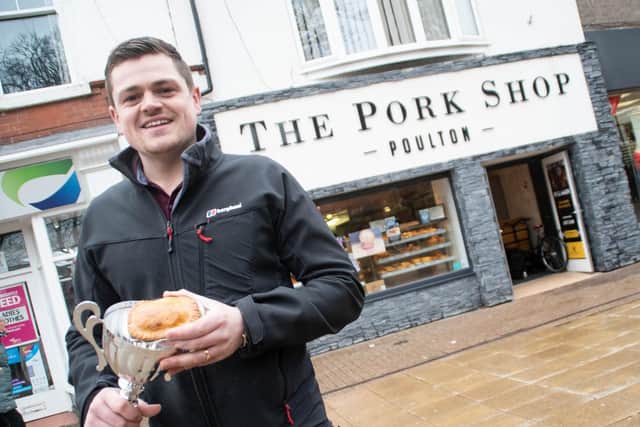 Jack Gardner, co-owner of The Pork Shop in Poulton with the award winning steak and onion pie.