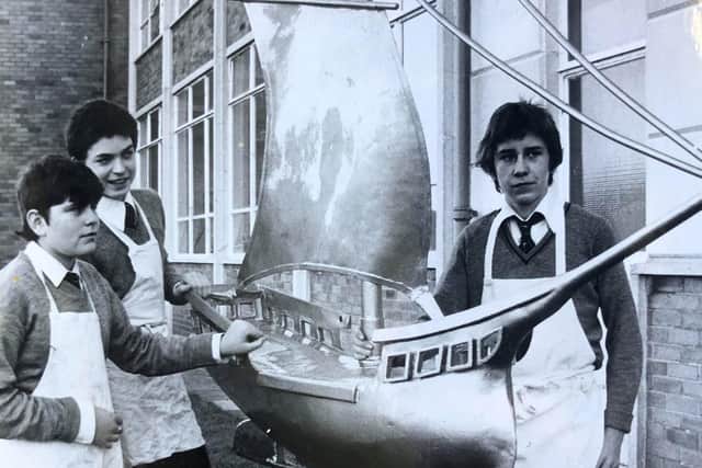 Montgomery School pupils at work on the Golden Hind weather vane which had previously adorned Blackpool Town Hall.