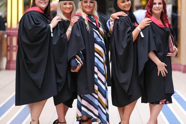 Blackpool and the Fylde College Graduations at The Winter Gardens. Foundation Degree in Family Support and Wellbeing graduates Jolene McGunnagle, Kim Robinson, Diane Smith, Gemma Howson and Leah Farnsworth.