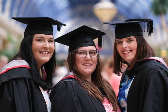 Blackpool and the Fylde Coillege Graduations at The Winter Gardens. L-R Nicola Palmer, Emma Hughes and Gilliann McKellar, BA (Hons) in Teaching and Learning Support.