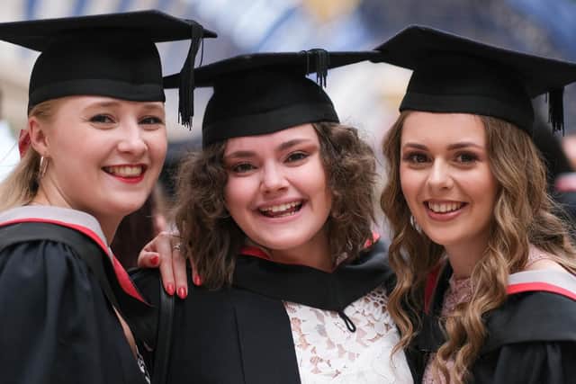 Blackpool and the Fylde College Graduations at The Winter Gardens. BA (Hons) Musical Theatre Students Rachel Claypole, Charlotte Scorror and Kasey Williams.