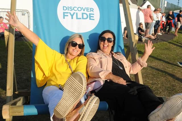 Mandy Huxham (left) and Maria Heron on the giant deckchair