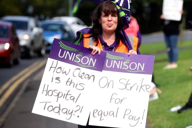 Cleaners at Blackpool Victoria Hospital on strike in protest at unfair pay rates. Pictured is Michelle Tymon.