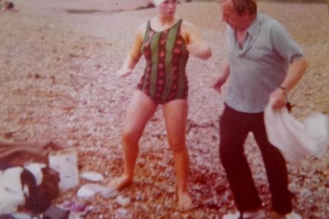 Julie aged 15 with her dad Philip on Shakespeare Beach near Dover about to set foot in the water