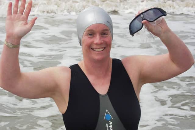 Julie pictured  at the time of her butterfly record swim across the Channel