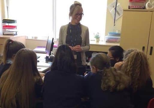 Charlotte Lowe talks to pupils at Lostock Hall Academy