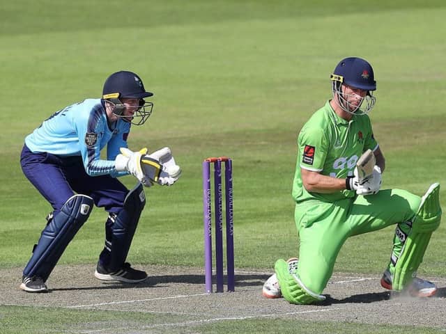 Dane Vilas goes on the attack during Lancashire's defeat to Yorkshire at Old Trafford on Tuesday