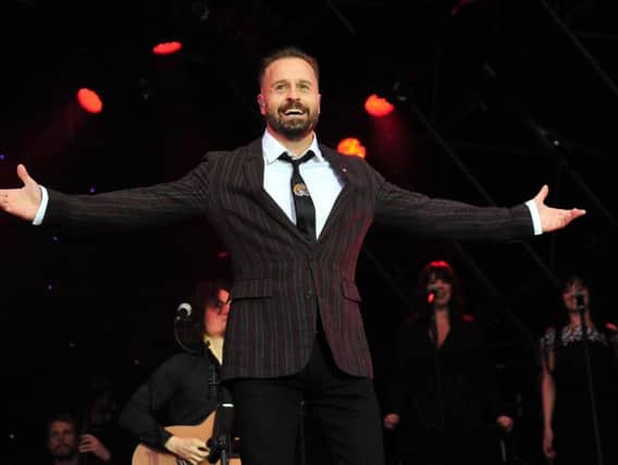 Alfie Boe on stage at Fleetwood Town Football Club during the Homecoming concert