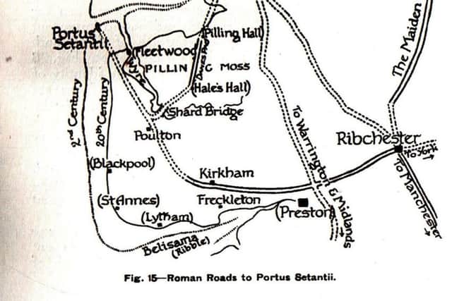 Kings Scar off the coast of Fleetwood pictured in 1995; Historian William Ashtons 1920 map illustrating Roman roads in mid-Lancashire around 400AD showing possible location of Portus Setantiorum, below.