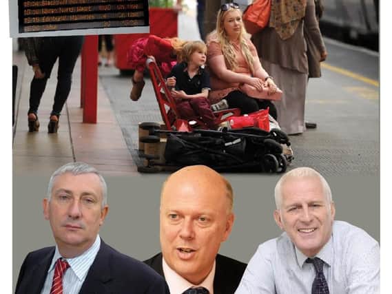 Sir Lindsay Hoyle, Chris Grayling and Gordon Marsden MP. Main picture, a traveller waits for a train. Inset, the departures board shows more delays