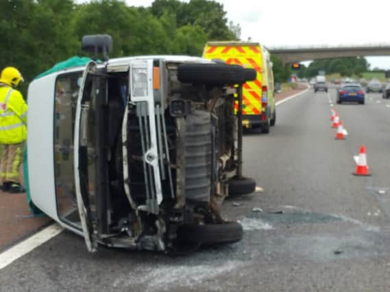 An image of the overturned van (Image: Lancashire Road Police).
