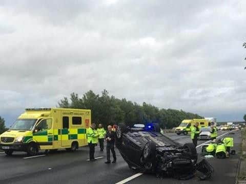 Traffic has been held following the crash on the M55